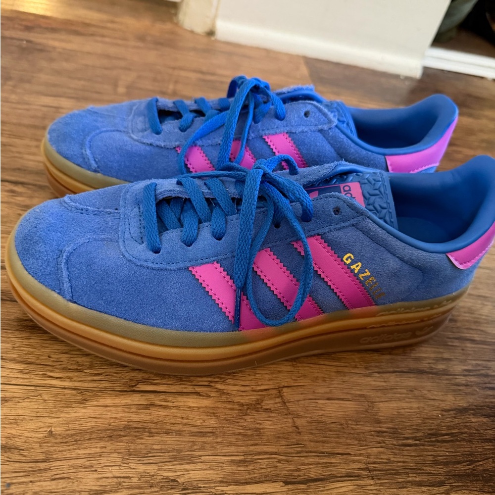 adidas Gazelle Women’s Blue Suede Sneakers with Pink Stripes and Gum Sole